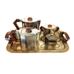 Art Deco koffie- en theeservies - ‘métal blanc’ met houten handgrepen – Frankrijk, ca. 1930